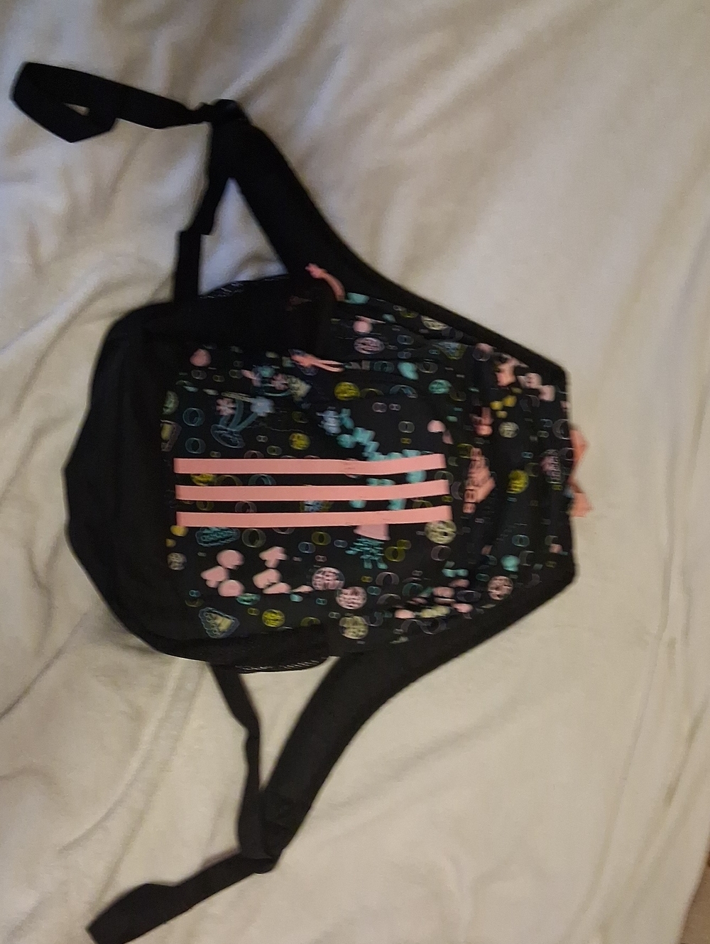 adidas Black Sling Backpack with Pink Stripes and Multicolor Print